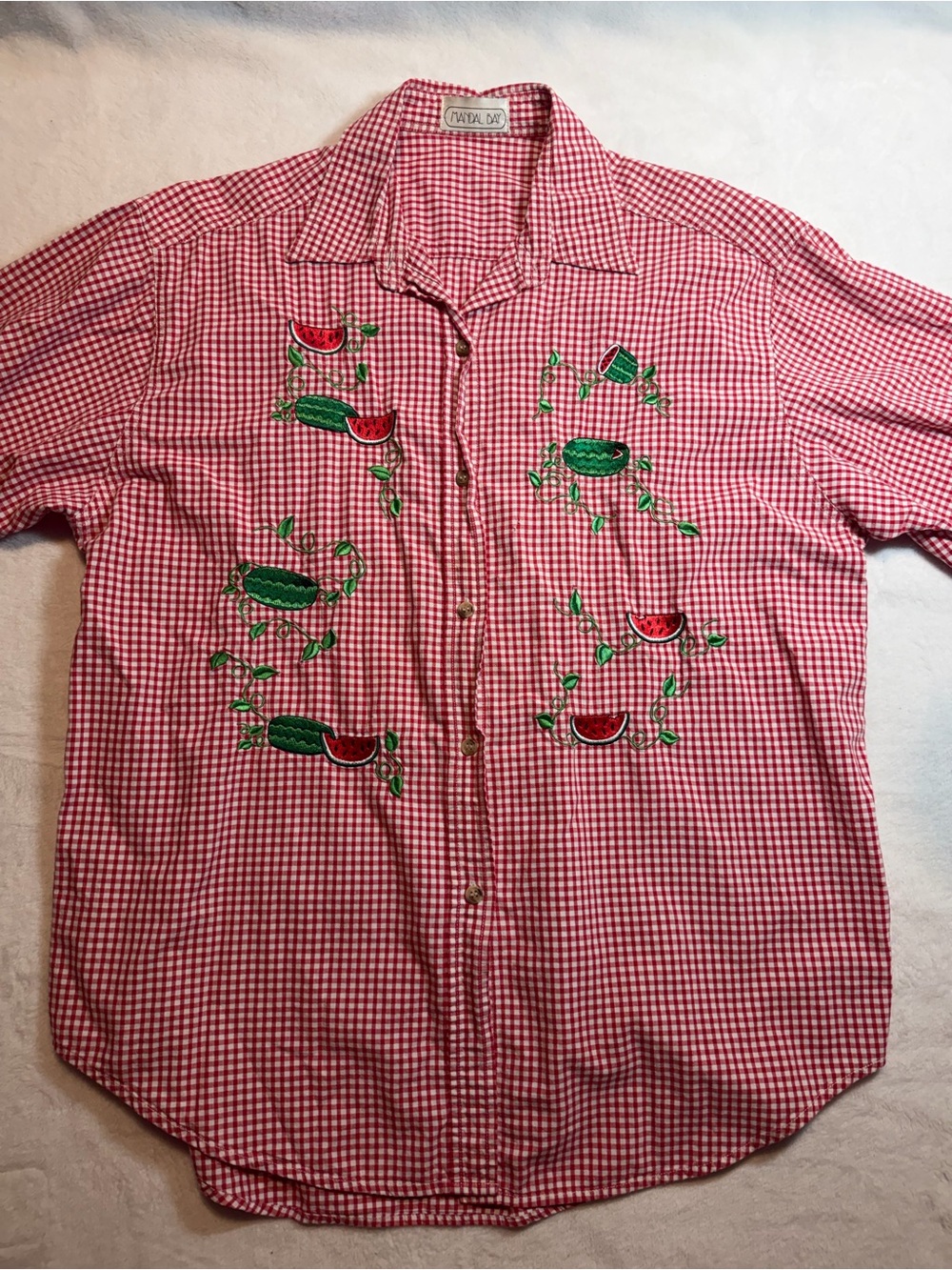 Vintage Mandal Bay Watermelon Embroidered Gingham Button Down Shirt Size 2XL